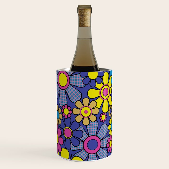 Blue Retro Garden Gingham Flowers Maximalist 60s 70s Floral Pattern Wine Chiller Gallery Image 2