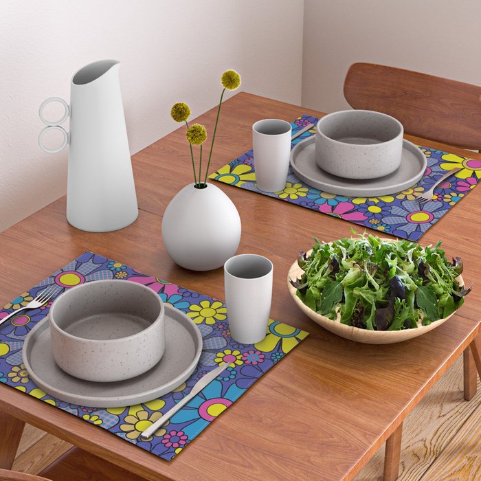 Blue Retro Garden Gingham Flowers Maximalist 60s 70s Floral Pattern Placemat Gallery Image 2