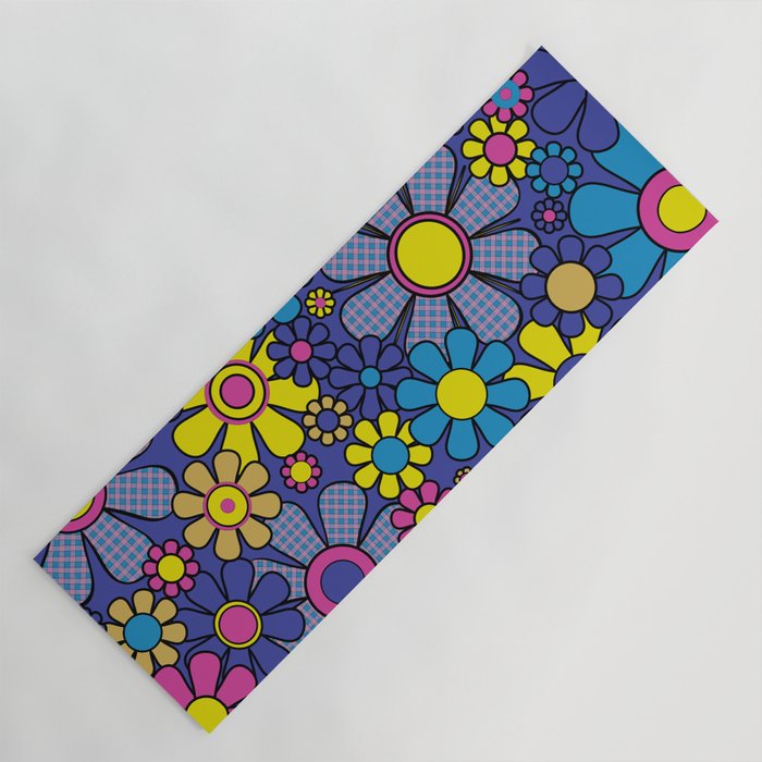 Blue Retro Garden Gingham Flowers Maximalist 60s 70s Floral Pattern Yoga Mat Gallery Image 1