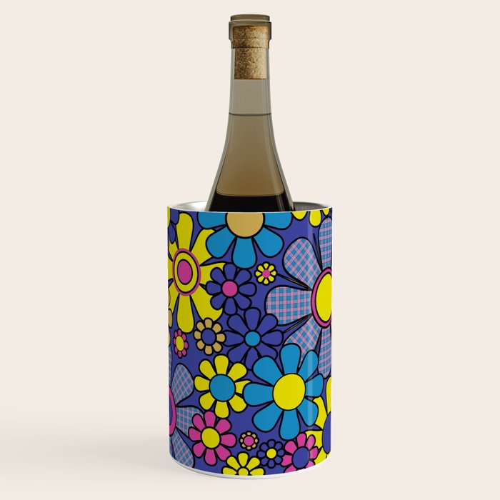 Blue Retro Garden Gingham Flowers Maximalist 60s 70s Floral Pattern Wine Chiller Gallery Image 1
