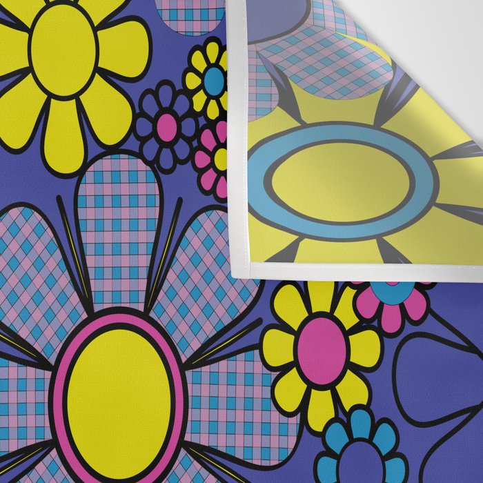 Blue Retro Garden Gingham Flowers Maximalist 60s 70s Floral Pattern Wall Tapestry Gallery Image 3