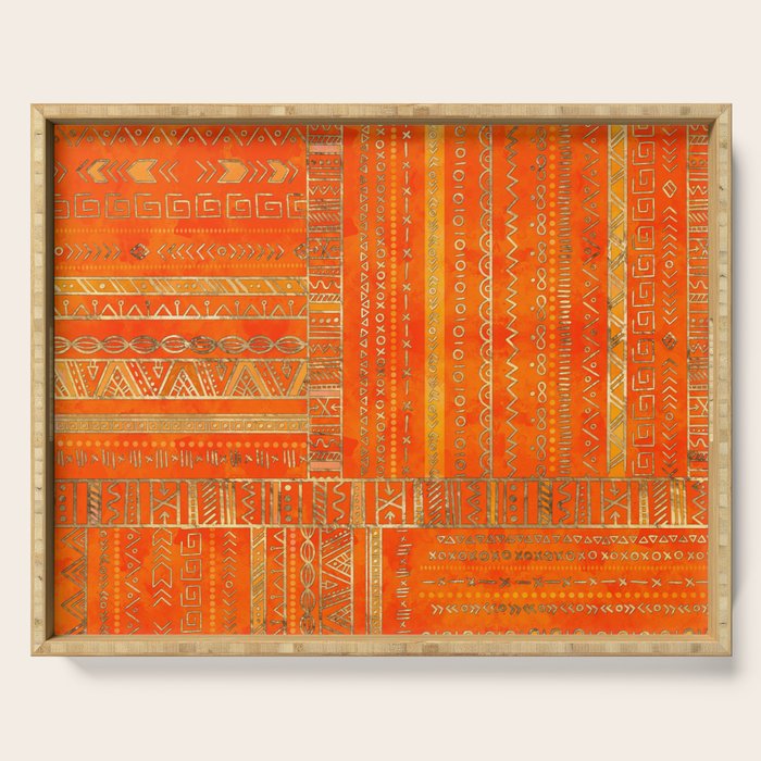 Tribal Ethnic pattern gold on bright orange Serving Tray Gallery Image 1