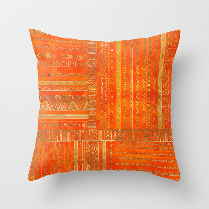 Tribal Ethnic pattern gold on bright orange Throw Pillow Gallery Image 6