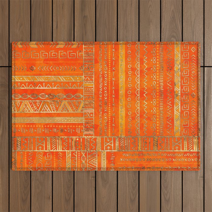 Tribal Ethnic pattern gold on bright orange Outdoor Rug Gallery Image 1