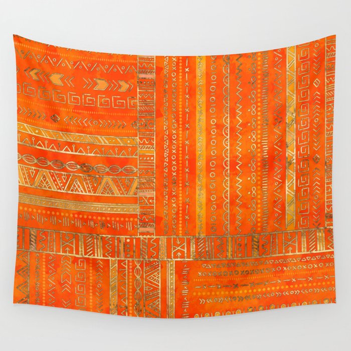 Tribal Ethnic pattern gold on bright orange Wall Tapestry Gallery Image 4