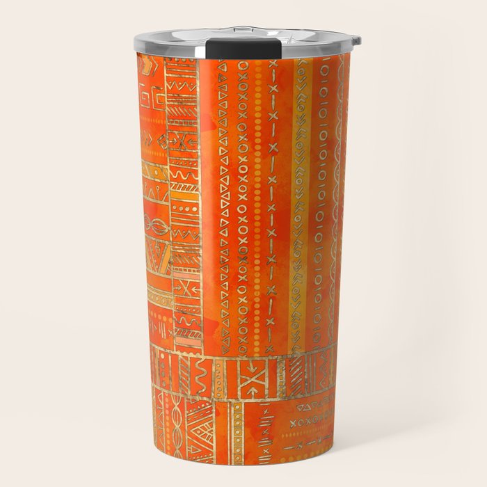 Tribal Ethnic pattern gold on bright orange Travel Mug Gallery Image 1