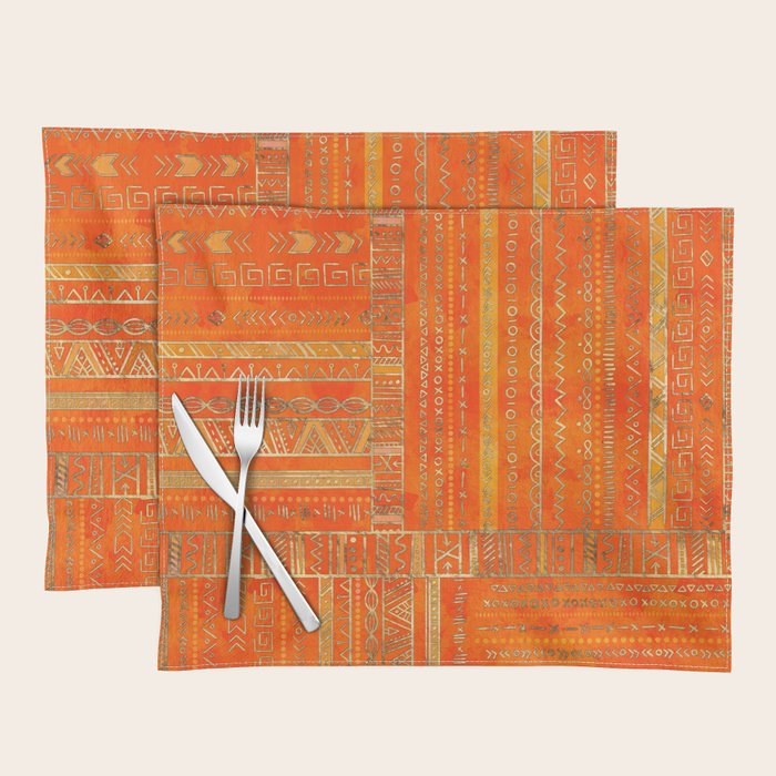 Tribal Ethnic pattern gold on bright orange Placemat Gallery Image 1