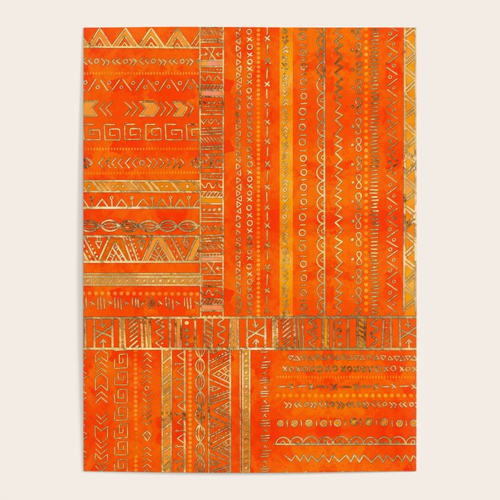 Tribal Ethnic pattern gold on bright orange Poster Gallery Image 4