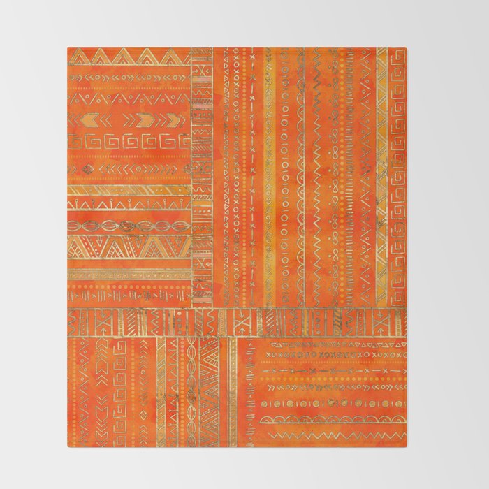 Tribal Ethnic pattern gold on bright orange Throw Blanket Gallery Image 2