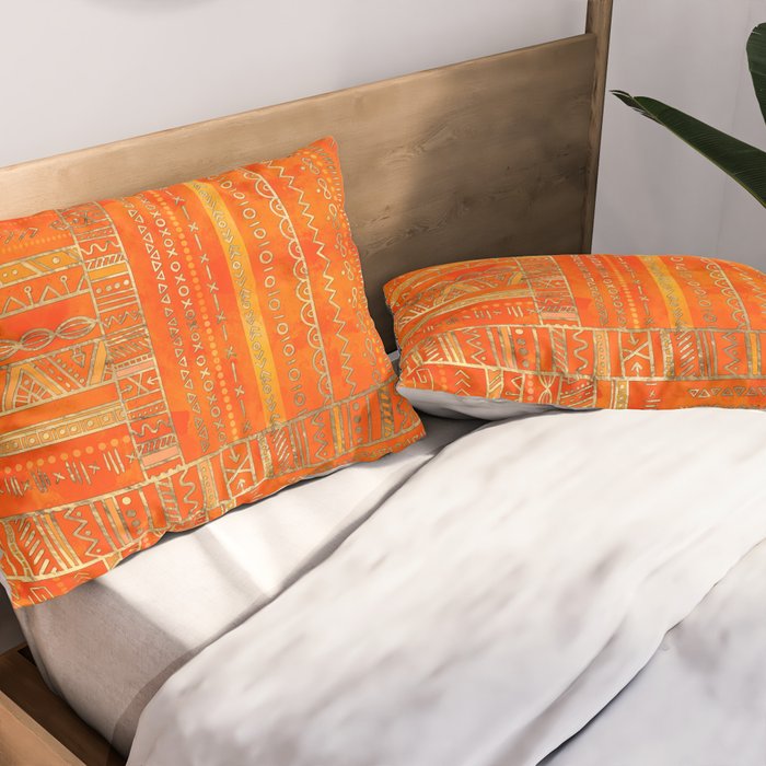 Tribal Ethnic pattern gold on bright orange Pillow Sham Gallery Image 2