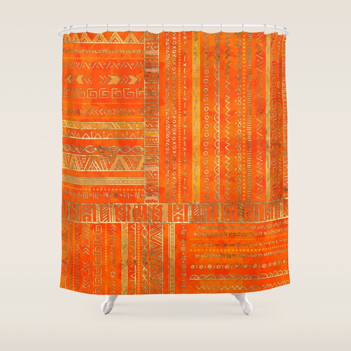 Tribal Ethnic pattern gold on bright orange Shower Curtain Gallery Image 1