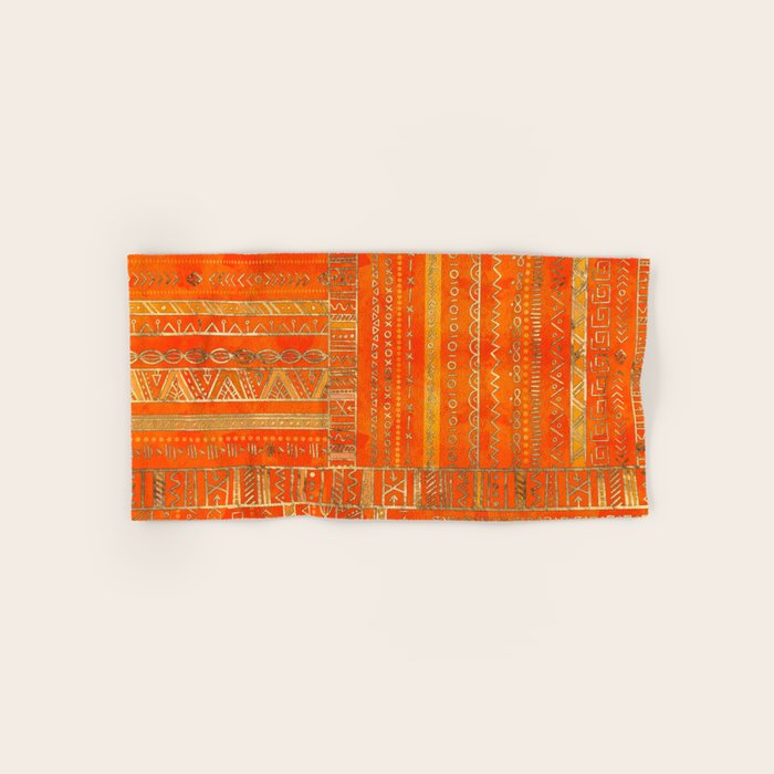Tribal Ethnic pattern gold on bright orange Bath Towel Gallery Image 1