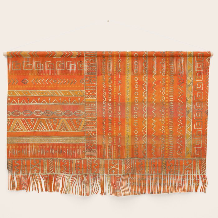 Tribal Ethnic pattern gold on bright orange Wall Hanging Gallery Image 1