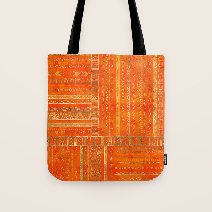 Tribal Ethnic pattern gold on bright orange Tote Bag Gallery Image 1