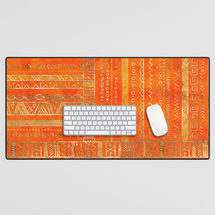 Tribal Ethnic pattern gold on bright orange Desk Mat Gallery Image 1