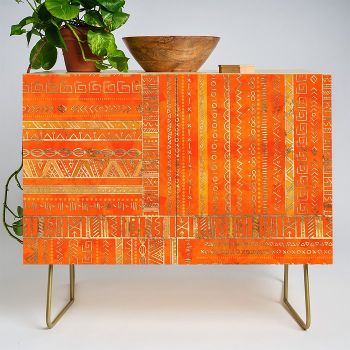 Tribal Ethnic pattern gold on bright orange Credenza Gallery Image 1