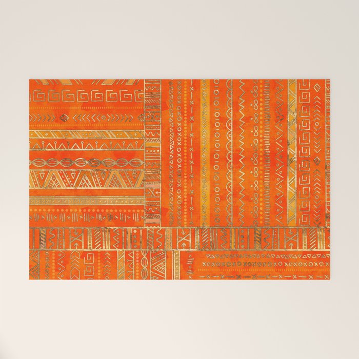 Tribal Ethnic pattern gold on bright orange Welcome Mat Gallery Image 1