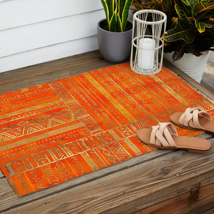 Tribal Ethnic pattern gold on bright orange Outdoor Rug Gallery Image 2