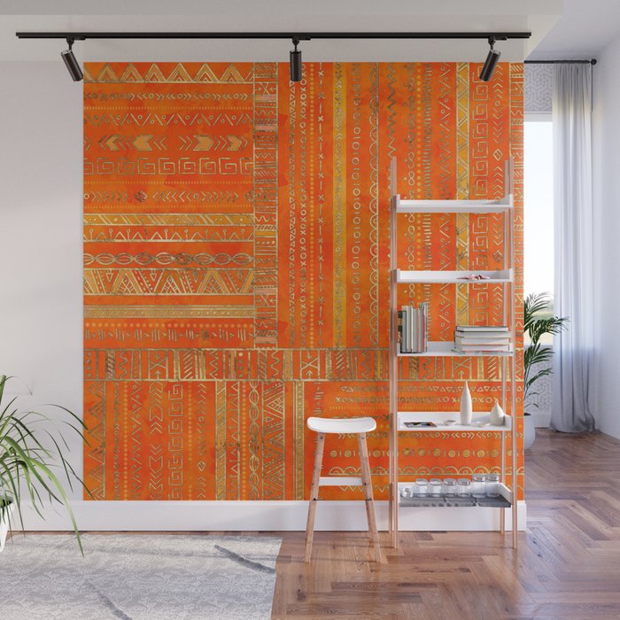 Tribal Ethnic pattern gold on bright orange Wall Mural Gallery Image 1