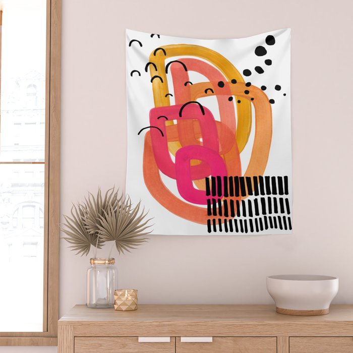 Modern Mid Century Fun Colorful Abstract Minimalist Painting Ombre Yellow Magenta Infinity Circles Wall Tapestry Gallery Image 2