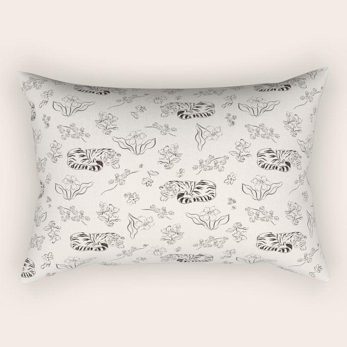 Tiger and Flower Line Art Rectangular Pillow Gallery Image 1