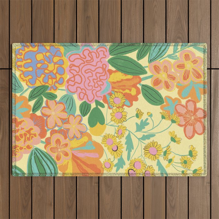 Yellow floral Outdoor Rug Gallery Image 1