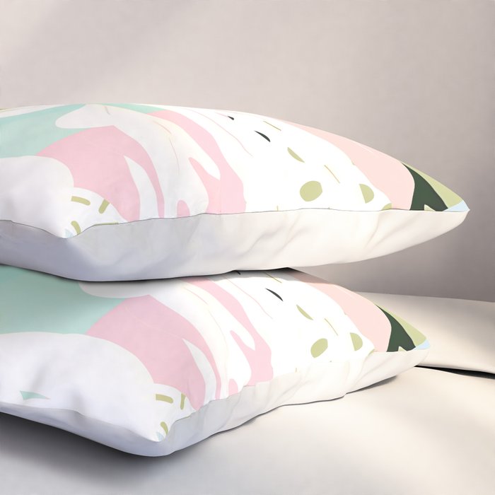 Monsterabstract, Abstract Tropical Nature Pastel Collage, Graphic Design Botanical Garden, Monstera Exotic Plants Geometric Shapes, Eclectic Bohemian Contemporary Color Story  Pillow Sham Gallery Image 3