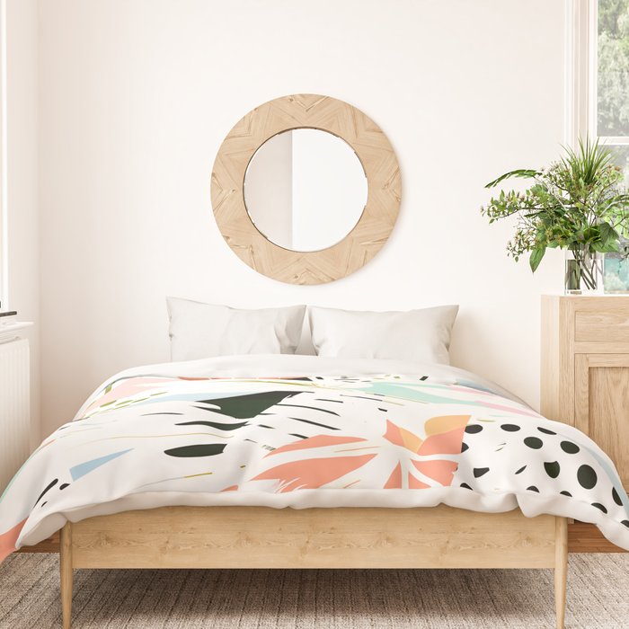 Monsterabstract, Abstract Tropical Nature Pastel Collage, Graphic Design Botanical Garden, Monstera Exotic Plants Geometric Shapes, Eclectic Bohemian Contemporary Color Story  Duvet Cover Gallery Image 3
