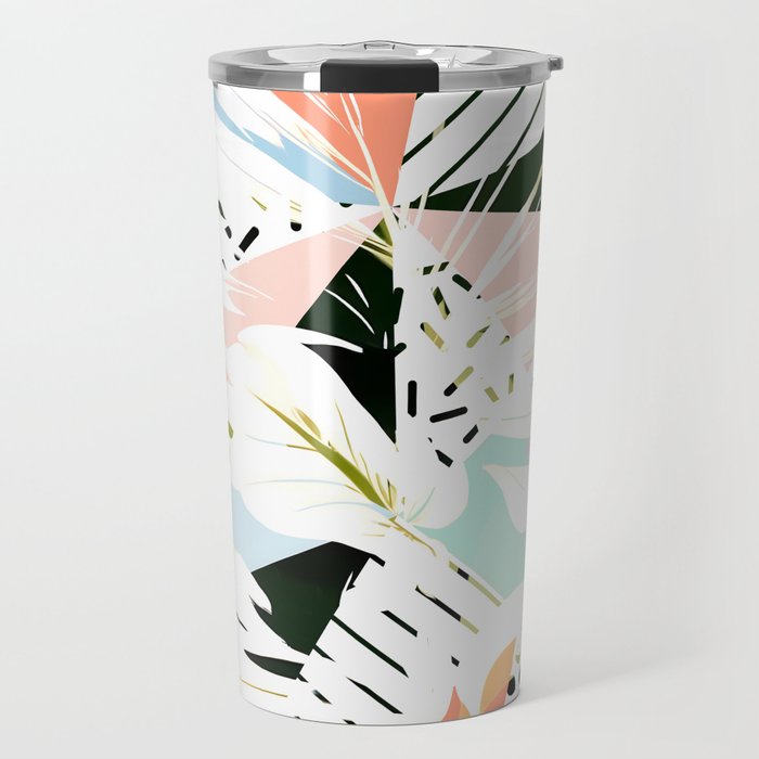 Monsterabstract, Abstract Tropical Nature Pastel Collage, Graphic Design Botanical Garden, Monstera Exotic Plants Geometric Shapes, Eclectic Bohemian Contemporary Color Story  Travel Mug Gallery Image 1