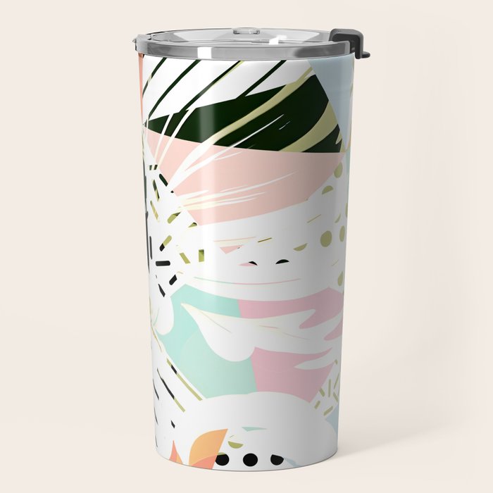 Monsterabstract, Abstract Tropical Nature Pastel Collage, Graphic Design Botanical Garden, Monstera Exotic Plants Geometric Shapes, Eclectic Bohemian Contemporary Color Story  Travel Mug Gallery Image 2
