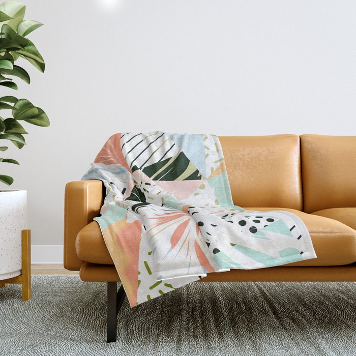 Monsterabstract, Abstract Tropical Nature Pastel Collage, Graphic Design Botanical Garden, Monstera Exotic Plants Geometric Shapes, Eclectic Bohemian Contemporary Color Story  Throw Blanket Gallery Image 1