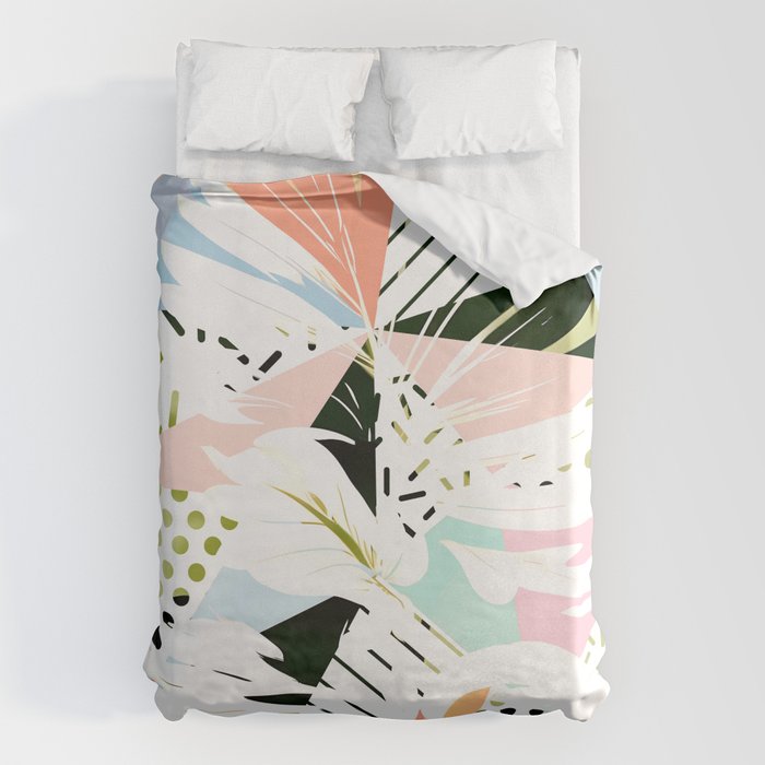 Monsterabstract, Abstract Tropical Nature Pastel Collage, Graphic Design Botanical Garden, Monstera Exotic Plants Geometric Shapes, Eclectic Bohemian Contemporary Color Story  Duvet Cover Gallery Image 6