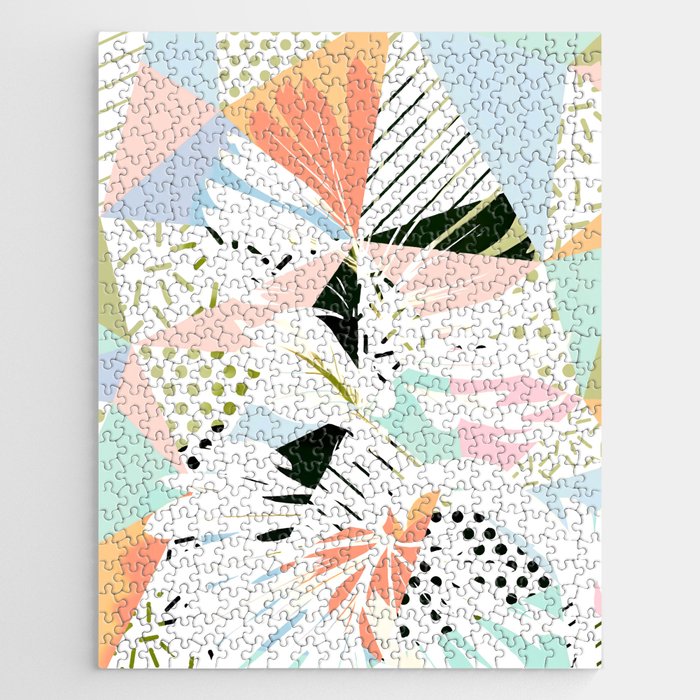 Monsterabstract, Abstract Tropical Nature Pastel Collage, Graphic Design Botanical Garden, Monstera Exotic Plants Geometric Shapes, Eclectic Bohemian Contemporary Color Story  Jigsaw Puzzle Gallery Image 1