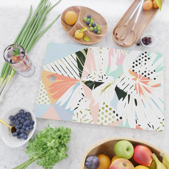 Monsterabstract, Abstract Tropical Nature Pastel Collage, Graphic Design Botanical Garden, Monstera Exotic Plants Geometric Shapes, Eclectic Bohemian Contemporary Color Story  Cutting Board Gallery Image 2