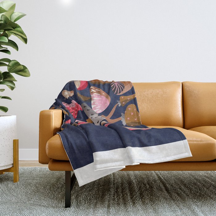 Mushroom Collection - Navy Throw Blanket Gallery Image 1