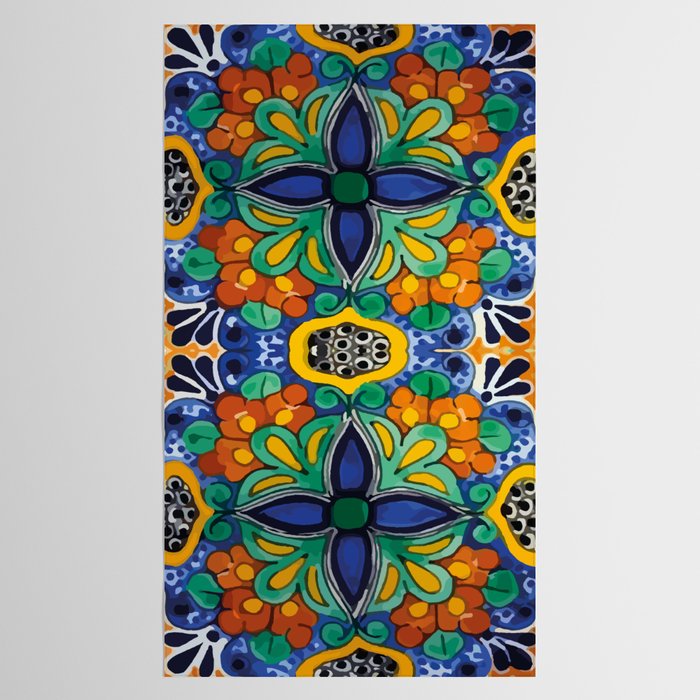 Maximalist leaves mexican flowers talavera pottery blue azulejo tile Tablecloth Gallery Image 2