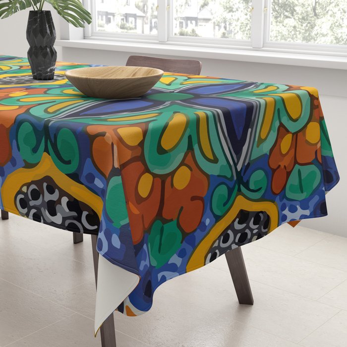 Maximalist leaves mexican flowers talavera pottery blue azulejo tile Tablecloth Gallery Image 3