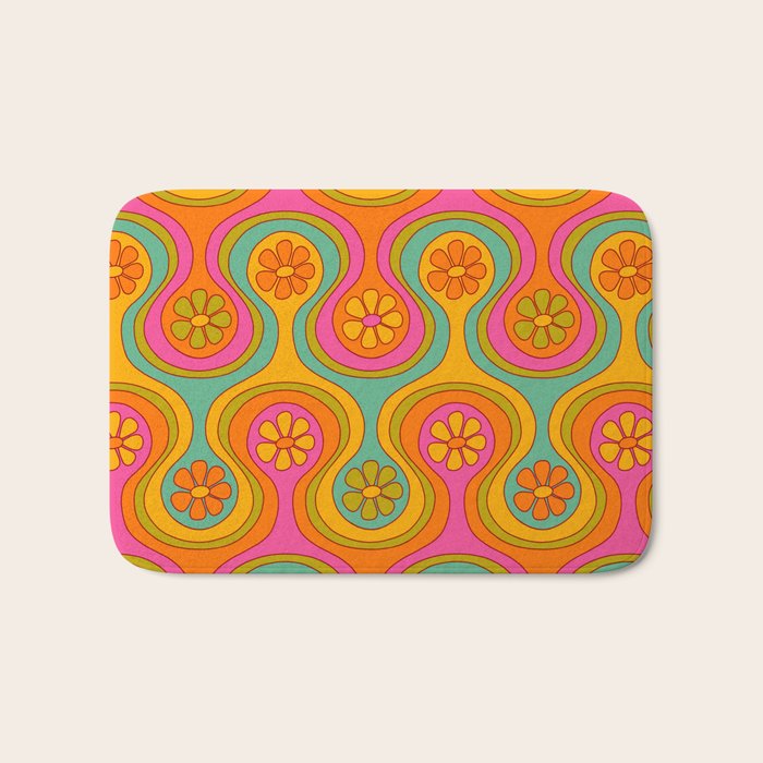 Groovy 60s Midcentury Modern Flower Pattern Bath Mat Gallery Image 1