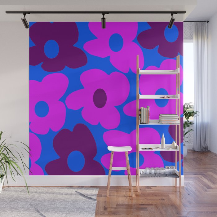 Large Pink and Purple Retro Flowers Blue Background #decor #society6 #buyart Wall Mural Gallery Image 1