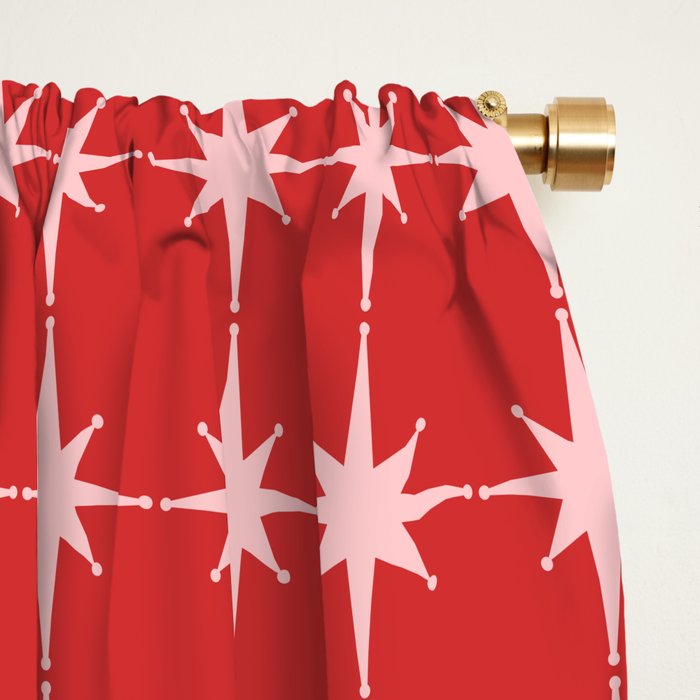 Mid Century Modern Atomic Stars Grid Retro Christmas Red and Pink Pattern Window Curtain Gallery Image 2