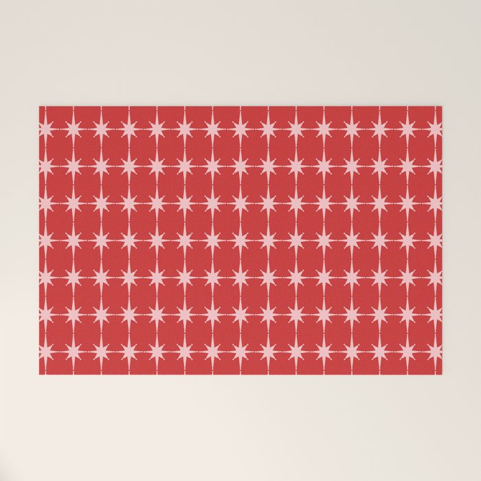 Mid Century Modern Atomic Stars Grid Retro Christmas Red and Pink Pattern Welcome Mat Gallery Image 1
