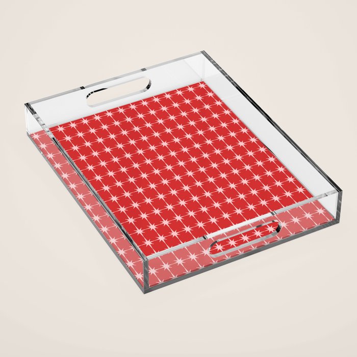 Mid Century Modern Atomic Stars Grid Retro Christmas Red and Pink Pattern Acrylic Tray Gallery Image 1