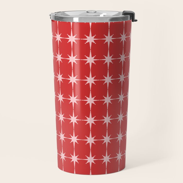 Mid Century Modern Atomic Stars Grid Retro Christmas Red and Pink Pattern Travel Mug Gallery Image 2