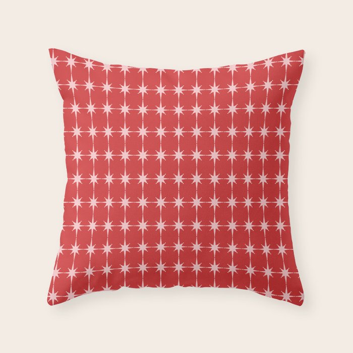 Mid Century Modern Atomic Stars Grid Retro Christmas Red and Pink Pattern Throw Pillow Gallery Image 1