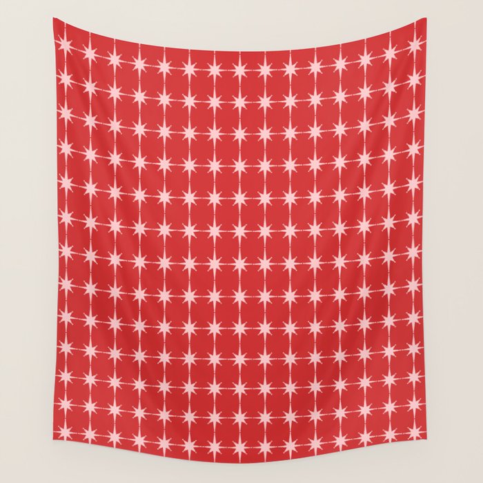Mid Century Modern Atomic Stars Grid Retro Christmas Red and Pink Pattern Wall Tapestry Gallery Image 4