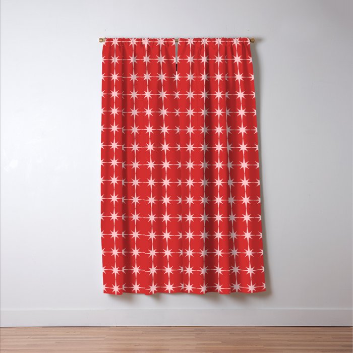 Mid Century Modern Atomic Stars Grid Retro Christmas Red and Pink Pattern Window Curtain Gallery Image 3