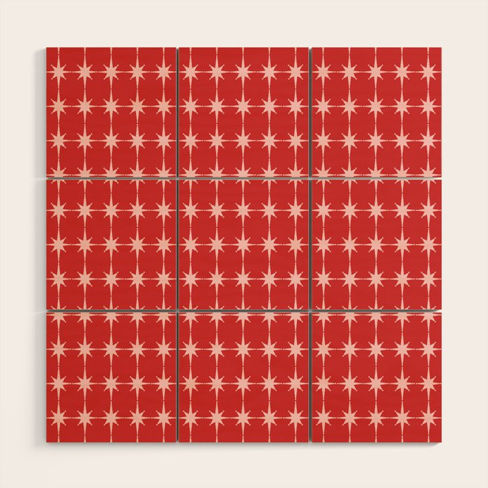Mid Century Modern Atomic Stars Grid Retro Christmas Red and Pink Pattern Wood Wall Art Gallery Image 1