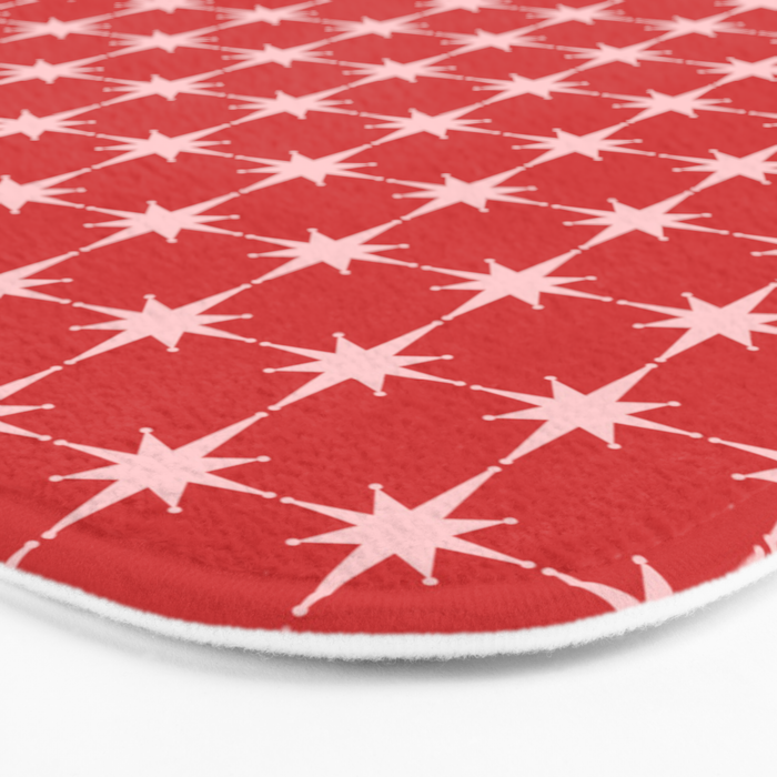 Mid Century Modern Atomic Stars Grid Retro Christmas Red and Pink Pattern Bath Mat Gallery Image 3