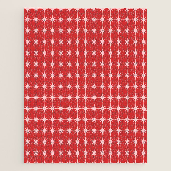 Mid Century Modern Atomic Stars Grid Retro Christmas Red and Pink Pattern Jigsaw Puzzle Gallery Image 1