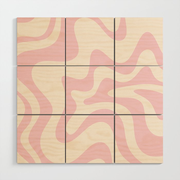 Retro Liquid Swirl Abstract Pattern Square in Baby Pink and Cream Wood Wall Art Gallery Image 1